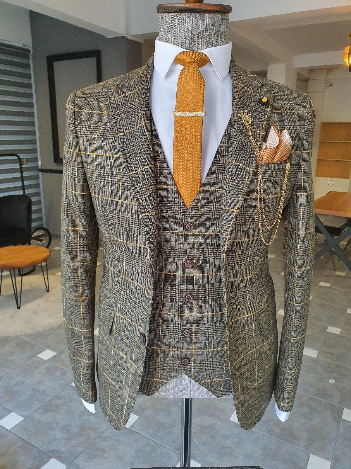 Giotto Khaki Slim Fit Notch Lapel Plaid Suit-baagr.myshopify.com-suit-BOJONI