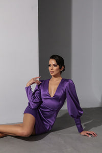 Viclans Balloon Sleeve Satin Mini Purple Dress 