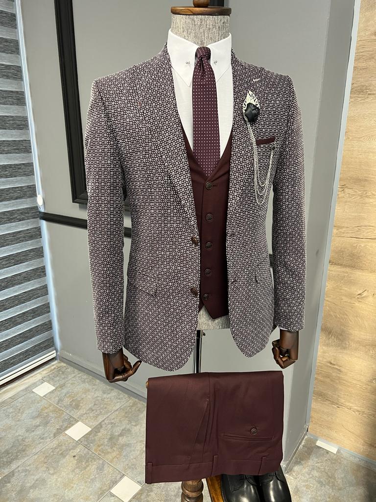 Bojoni Fremont Burgundy Slim Fit Peak Lapel Patterned Suit 