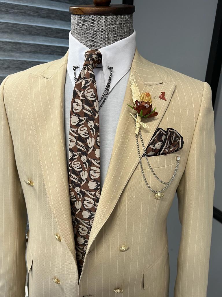 Bojoni Fremont Beige Slim Fit Double Breasted Pinstripe Wool Suit 