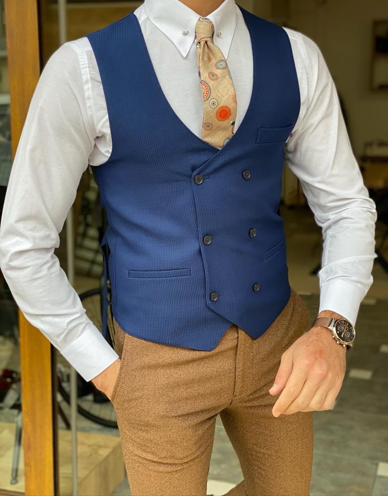 Bojoni Dayton Blue Slim Fit Double Breasted Vest 