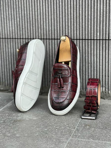 Benson Buckled Croc Detailed Burgundy Shoes