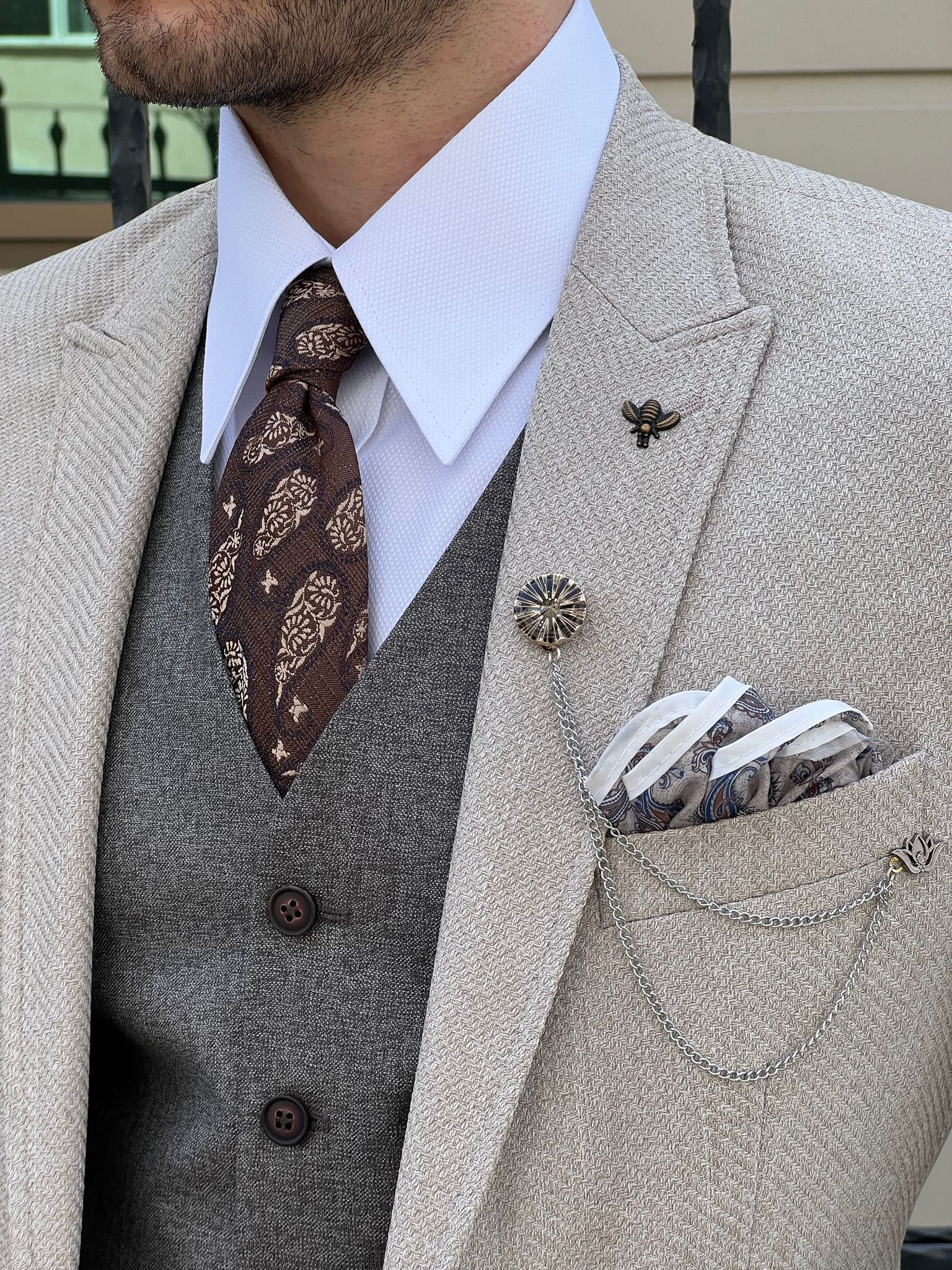 Bojoni Montebello Slim Fit High Quality Self Patterned Beige Suit