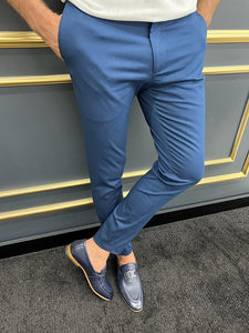 Bojoni Uluwatu Slim Fit Checkered Pique Detail Blue Trouser
