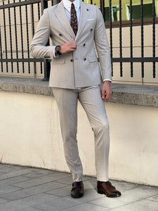 Bojoni Montebello Slim Fit High Quality Striped Double Breasted Beige Suit