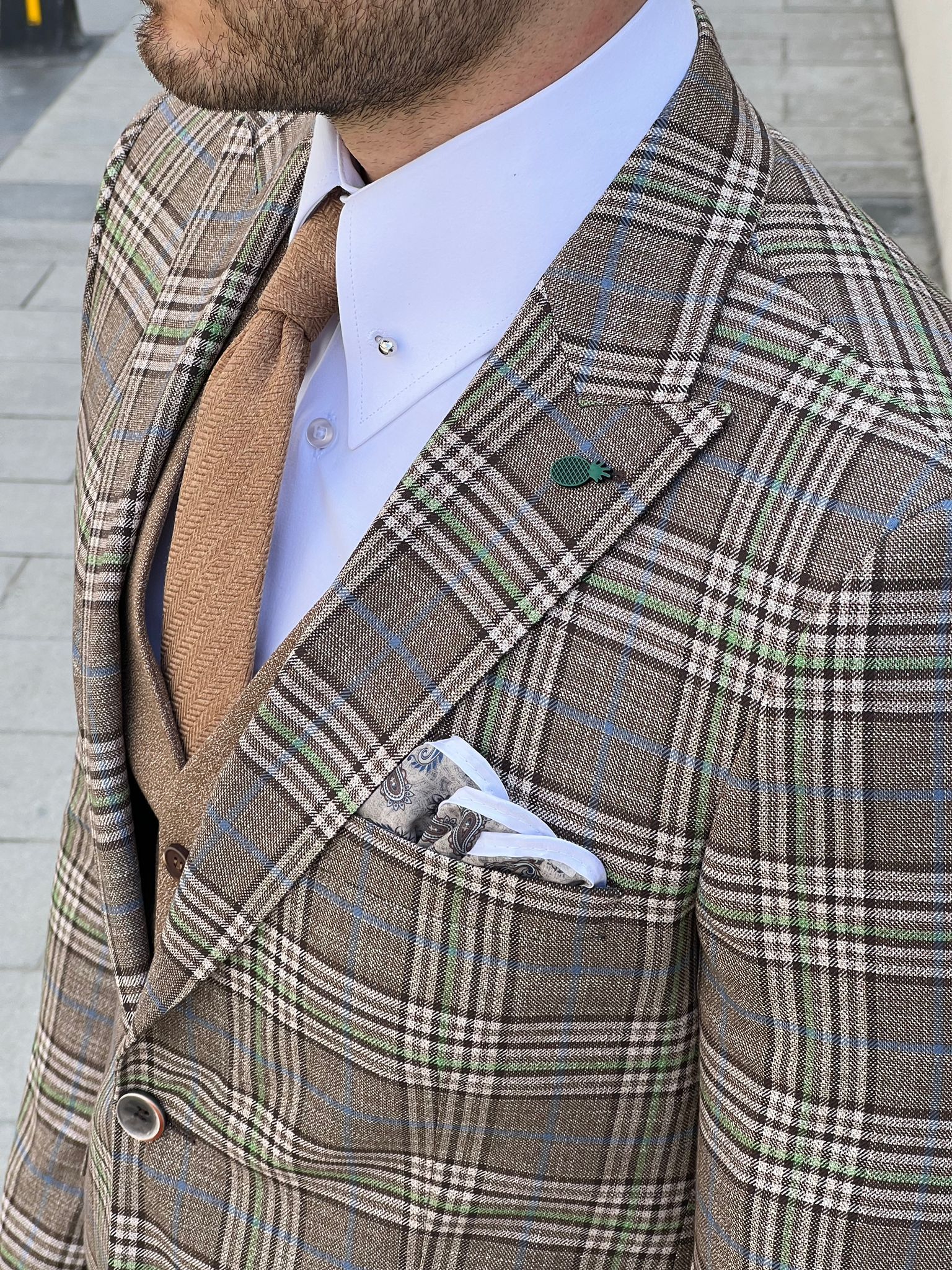 Bojoni Montebello Slim Fit High Quality Plaid Wool Beige Suit