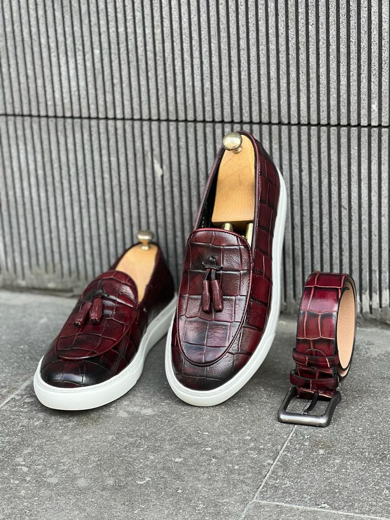 Benson Buckled Croc Detailed Burgundy Shoes