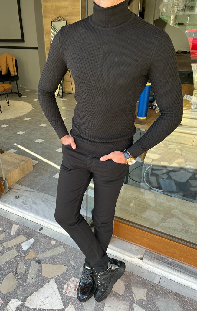 Bojoni Morton Black Slim Fit Turtleneck Sweater 