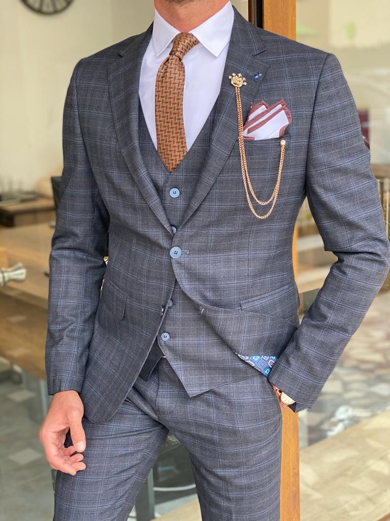 Bojoni Argeli Dark Blue Slim Fit Plaid Check Wool Suit-baagr.myshopify.com-suit-BOJONI