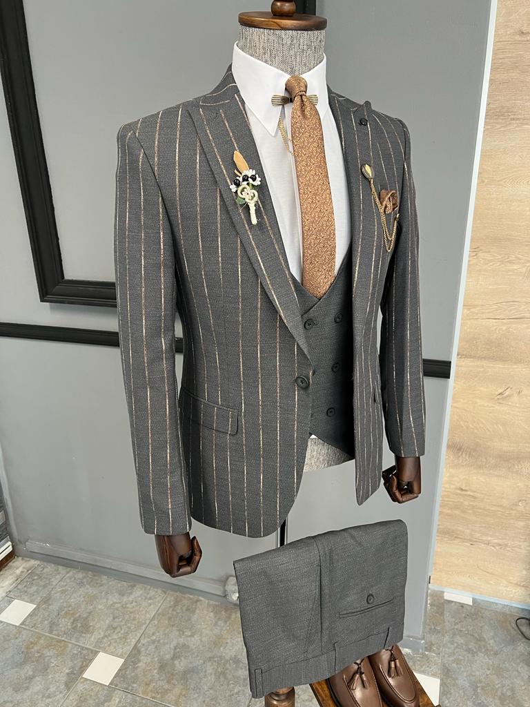 Bojoni Fremont Gray Brown Slim Fit Peak Lapel Striped Suit 