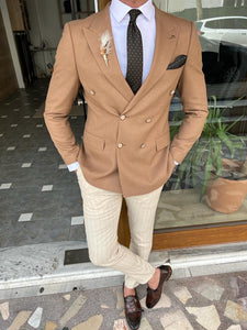 Bojoni Dover Brown Slim Fit Double Breasted Blazer 