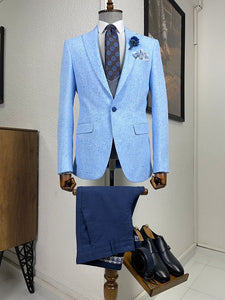 Bojoni Daroni Blue Slim Fit Patterned Linen Suit 