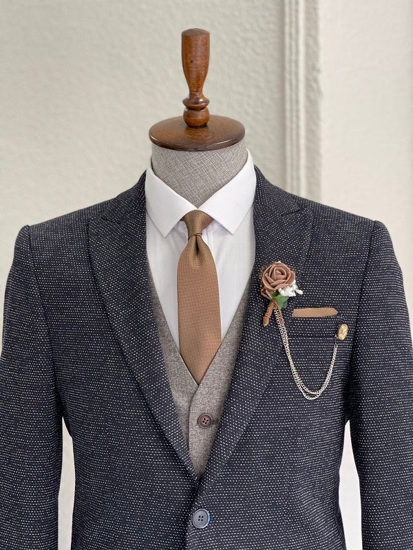Bojoni Dayton Navy Blue Slim Fit Peak Lapel Wool Suit 