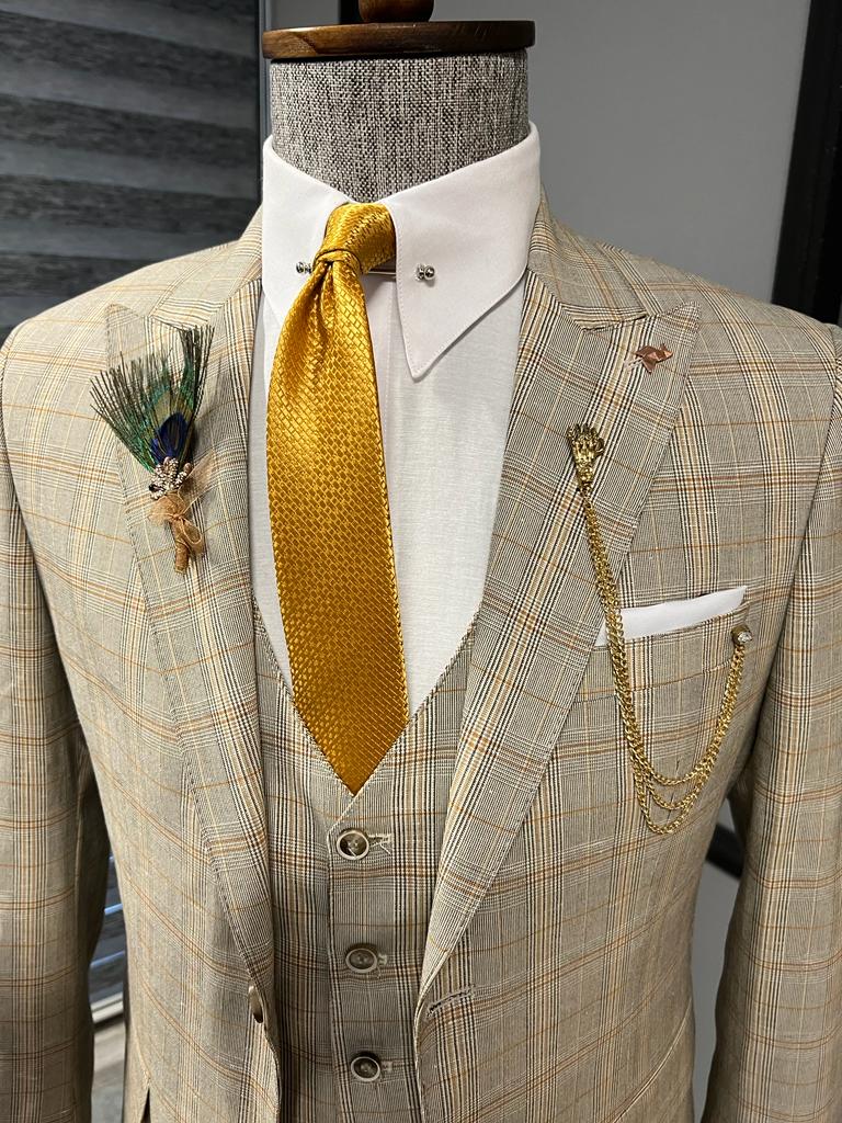 Bojoni Fremont Camel Slim Fit Peak Lapel Plaid Suit 