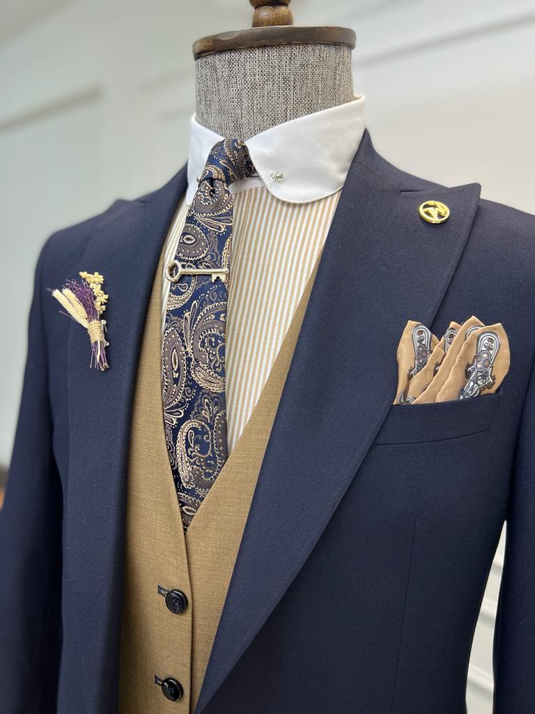 Bojoni Diamond Shagori Navy Blue Slim Fit Peak Lapel Combination Suit | VICLAN Bojoni Diamond Shagori Navy Blue Slim Fit Peak Lapel Combination Suit | VICLAN