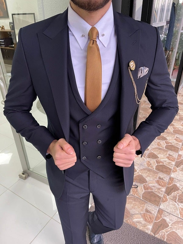 Bojoni Trenton Navy Blue Slim Fit Peak Lapel Wool Suit 