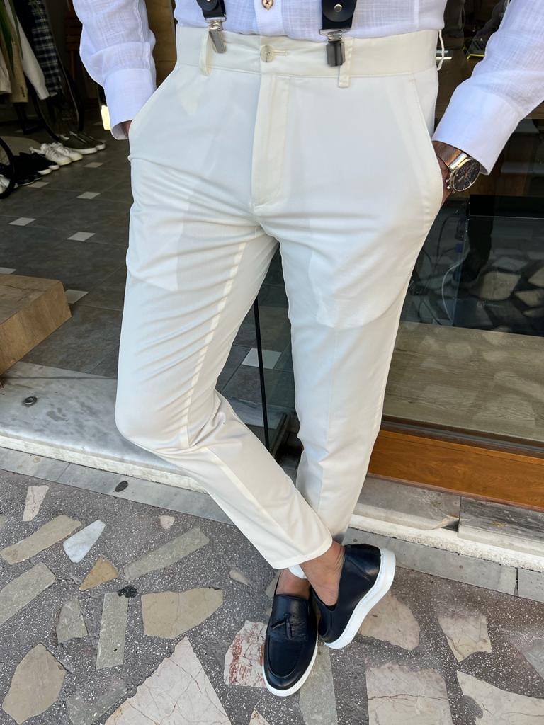 Bojoni Dover White Slim Fit Cotton Pants 