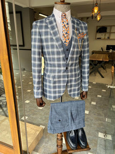 Bojoni Dover  Blue Slim Fit Peak Lapel Plaid Suit 