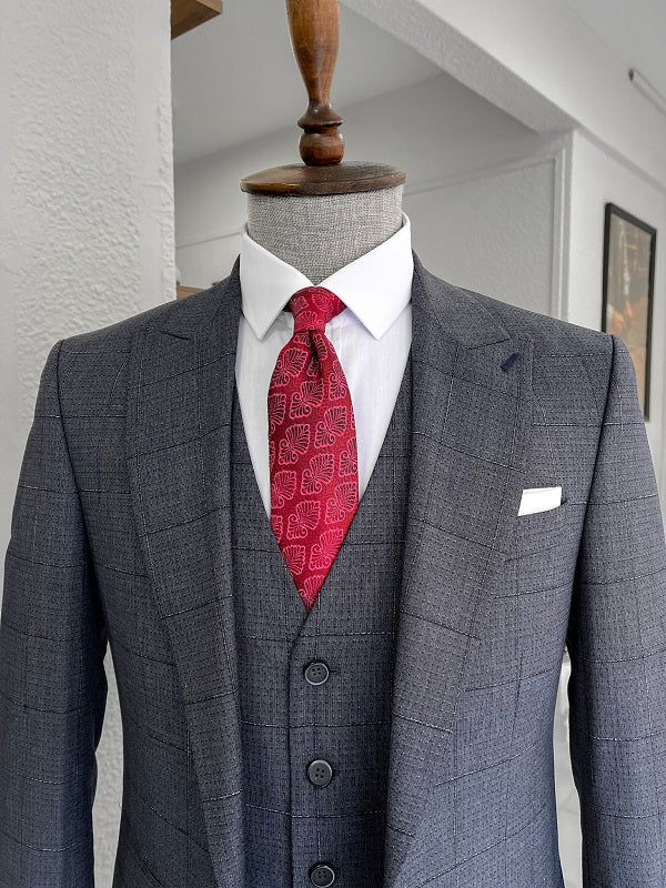 Bojoni Louis Navy Blue Slim Fit Peak Lapel Plaid Wool Suit 