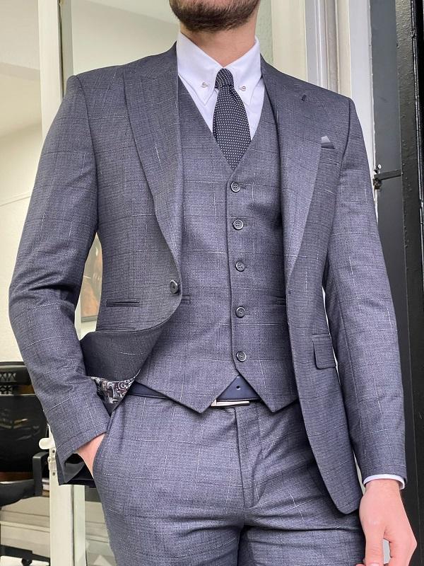 Bojoni Austin Anthracite Slim Fit Peak Lapel Plaid Wool Suit 