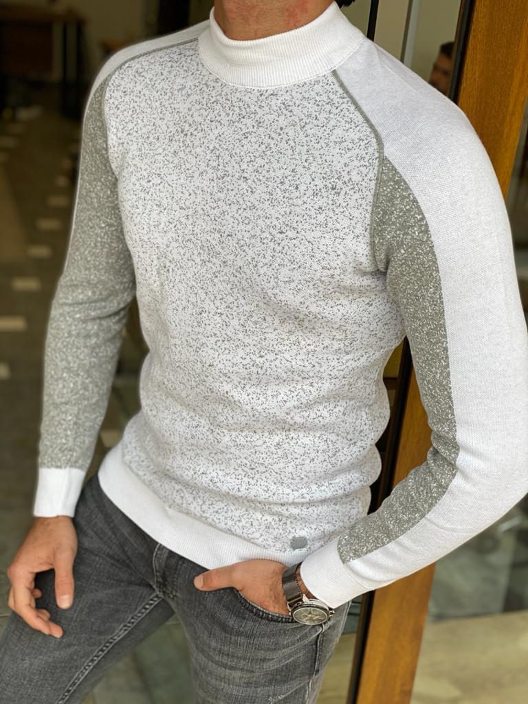 Bojoni Turino White Patterned Mock Turtleneck Sweater 