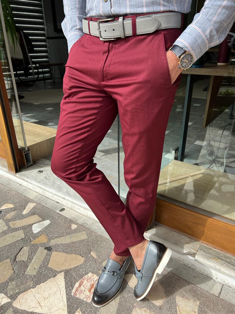 Bojoni Dover Red Slim Fit Cotton Pants 