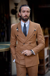 Bojoni Diamond Shagori Rust Brown Slim Fit Double Breasted Suit