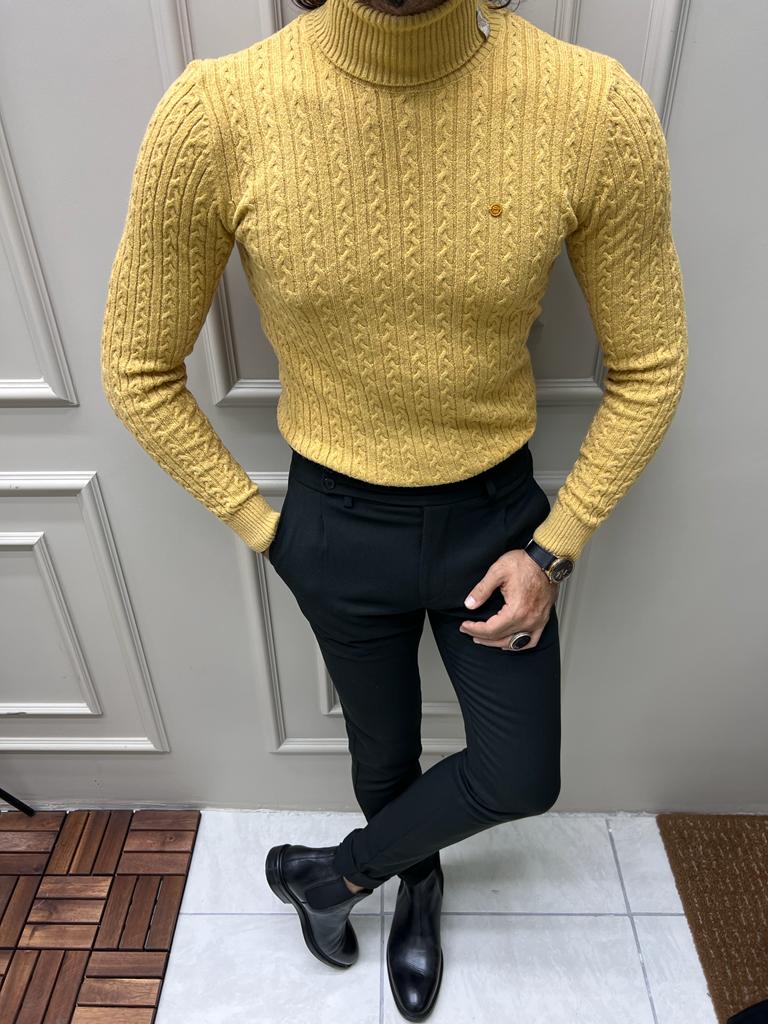 Bojoni Astoria Yellow Slim Fit Striped Pattern Turtleneck Sweater
