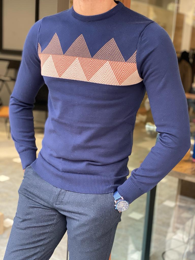 Bojoni Turino Blue Slim Fit Crewneck Sweater 