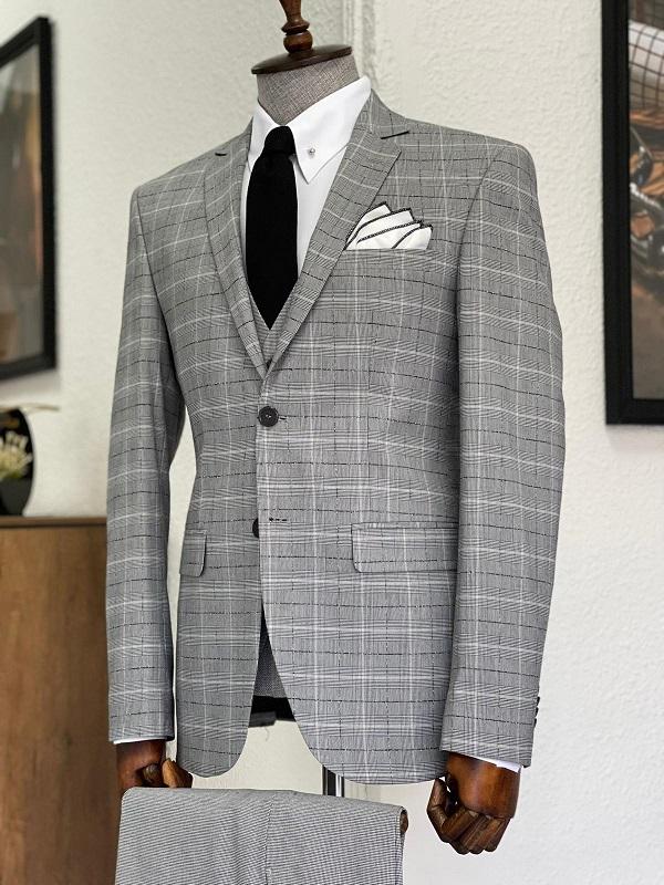 Bojo Gray Slim Fit Notch Lapel Plaid Wool Suit-baagr.myshopify.com-suit-BOJONI