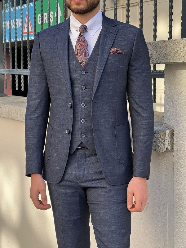 Bojoni Perris Navy Blue Slim Fit Notch Lapel Wool Suit 