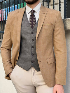 Bojoni Perris Light Brown Slim Fit Peak Lapel Linen Suit 