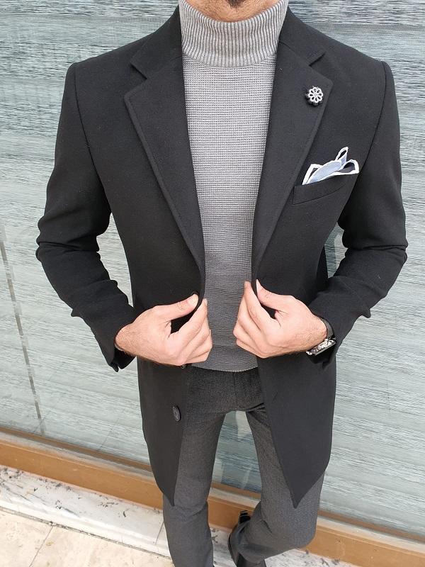 Clemson Black Slim Fit Single Breasted Wool Long Coat-baagr.myshopify.com-Jacket-brabion