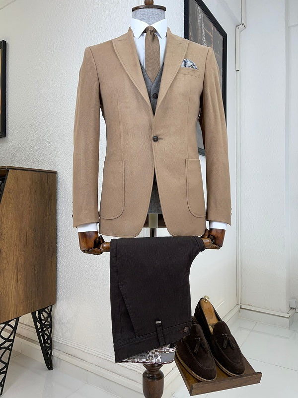 Bojoni Daroni Beige Slim Fit Peak Lapel Wool Suit 