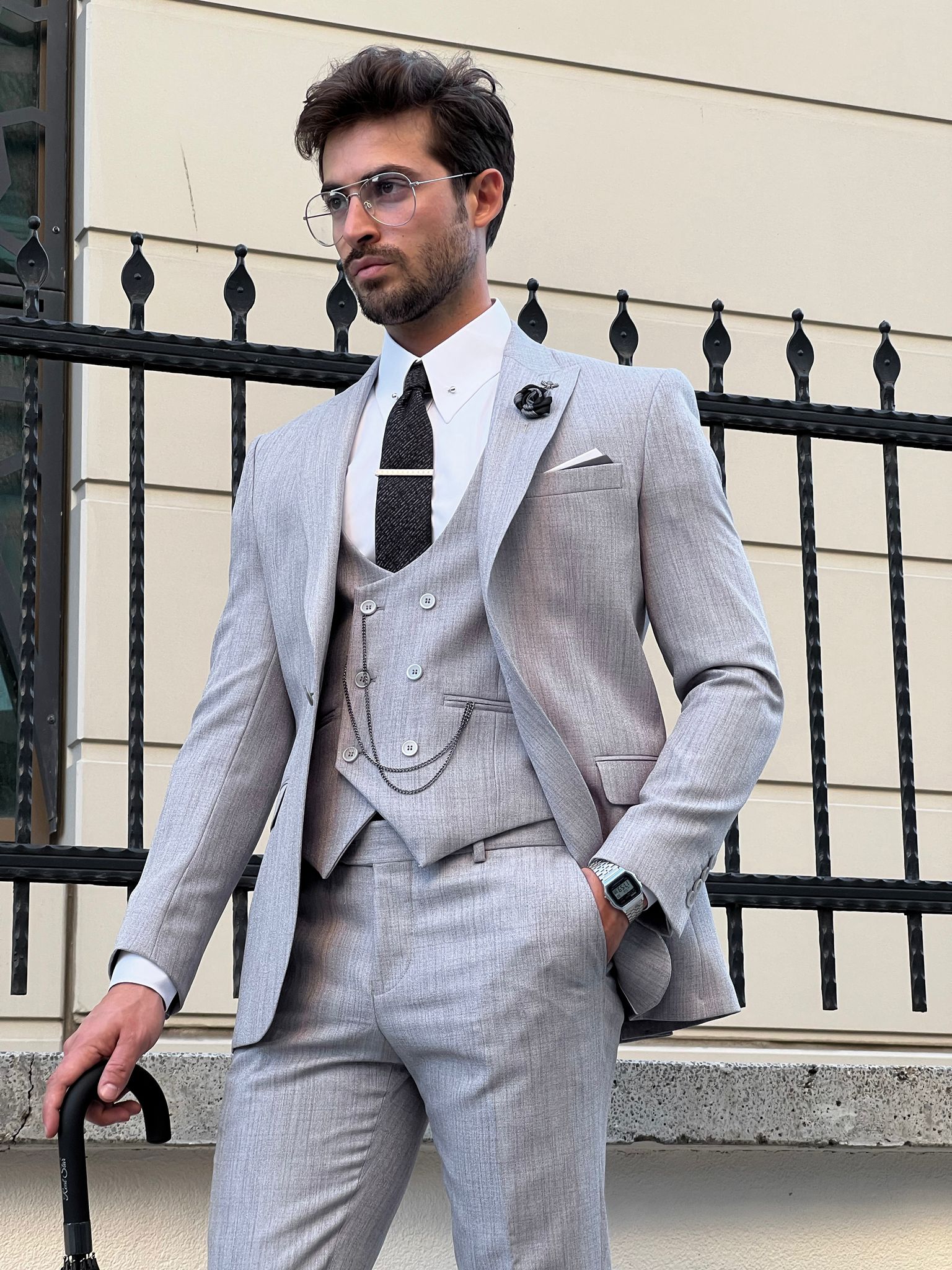 Bojoni Astoria Slim Fit Self-Patterned Pointed Gray Suit