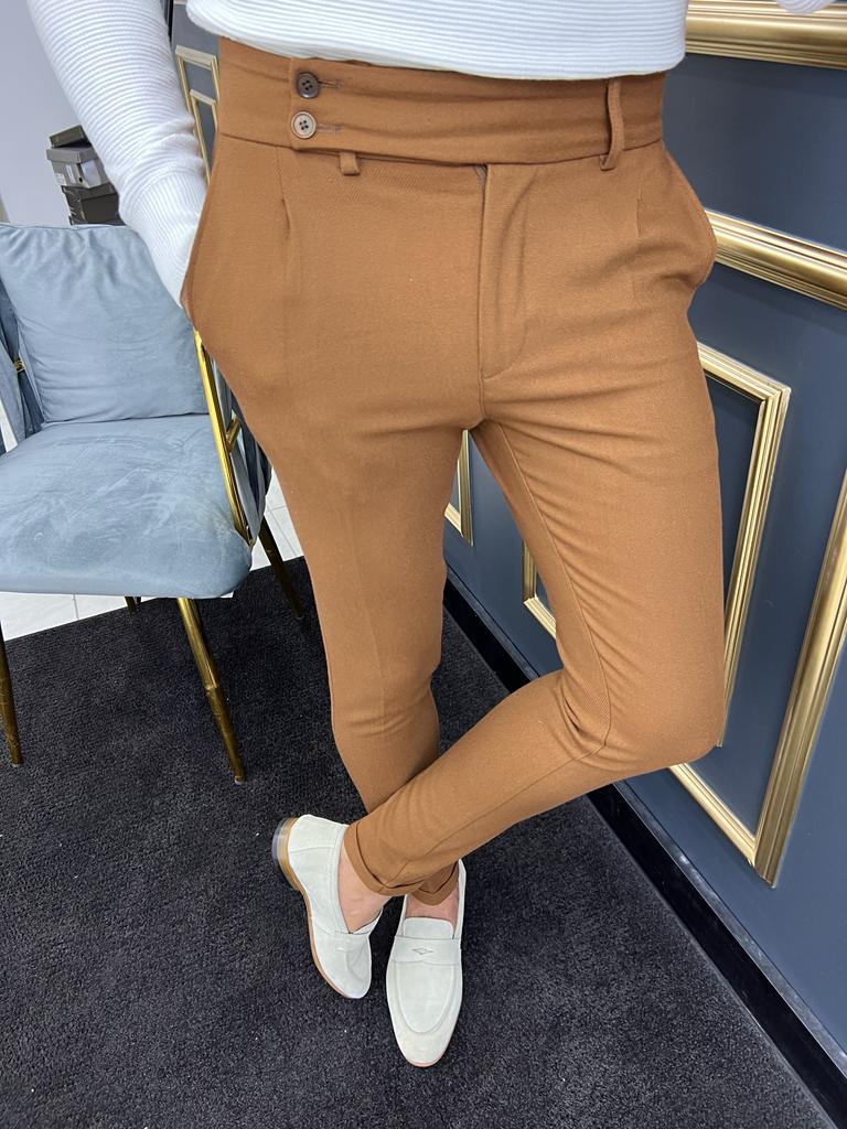 Thread Slim Fit Double Pleated Camel Trousers
