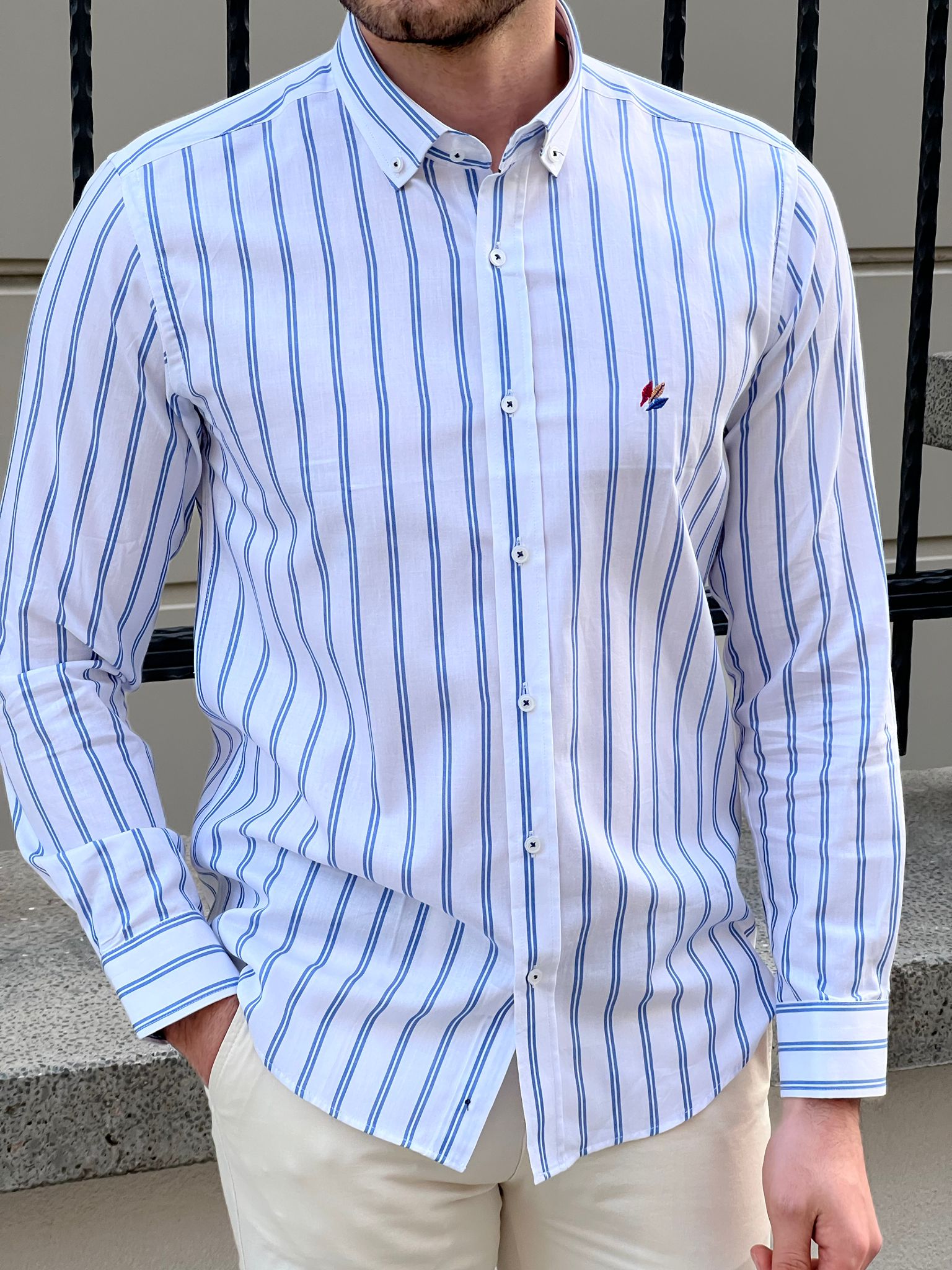 Bojoni Montebello Slim Fit High Quality Striped White & Blue Shirt