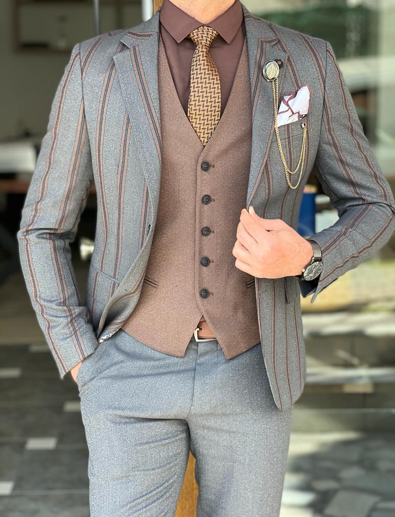 Bojoni Morton Gray Slim Fit Notch Lapel Striped Suit 