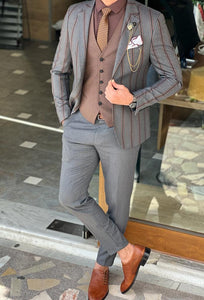 Bojoni Morton Gray Slim Fit Notch Lapel Striped Suit 