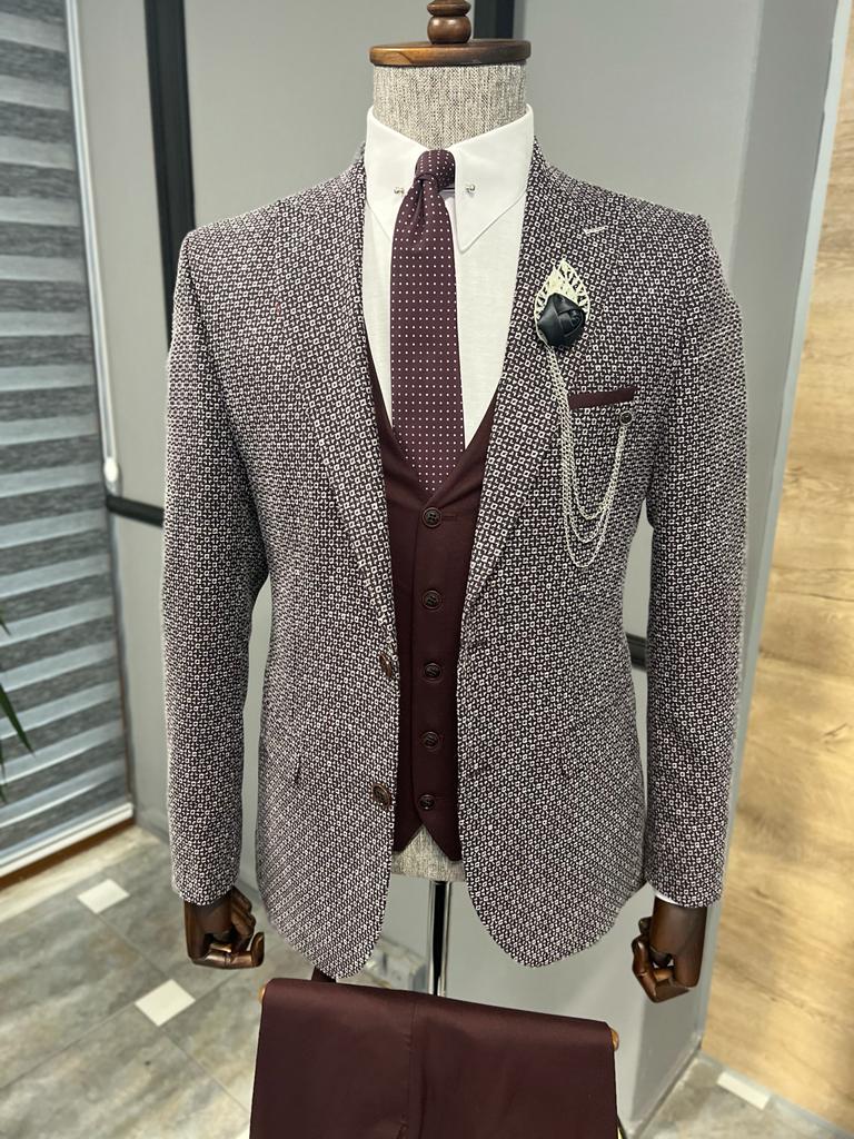 Bojoni Fremont Burgundy Slim Fit Peak Lapel Patterned Suit 