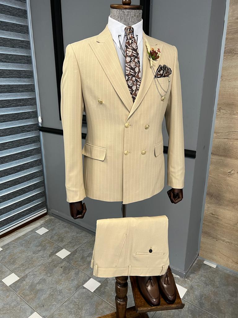 Bojoni Fremont Beige Slim Fit Double Breasted Pinstripe Wool Suit 