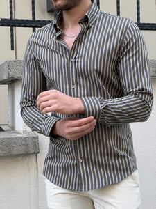 Bojoni Montebello Slim Fit High Quality Striped Khaki Cotton Shirt