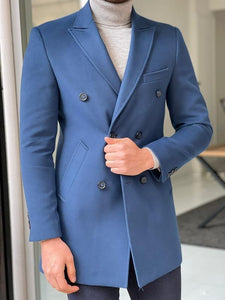 Bojoni Wilson Blue Slim Fit Double Breasted Wool Long Coat 