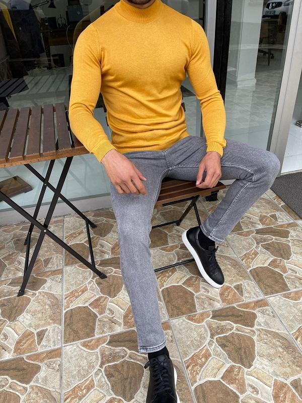 Casani Yellow Slim Fit Mock Turtleneck Sweater-baagr.myshopify.com-sweatshirts-BOJONI