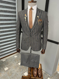 Bojoni Fremont Gray Brown Slim Fit Peak Lapel Striped Suit 