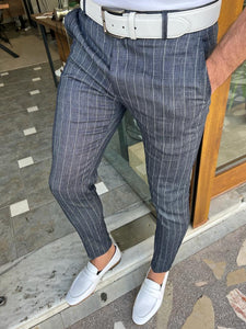 Bojoni Dover Dark Blue Slim Fit Pinstripe Linen Pants 