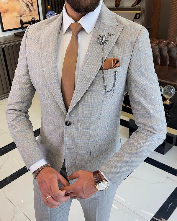 Bojoni Sheffield Mink Slim Fit 2 Piece Peak Lapel Check Plaid Suit