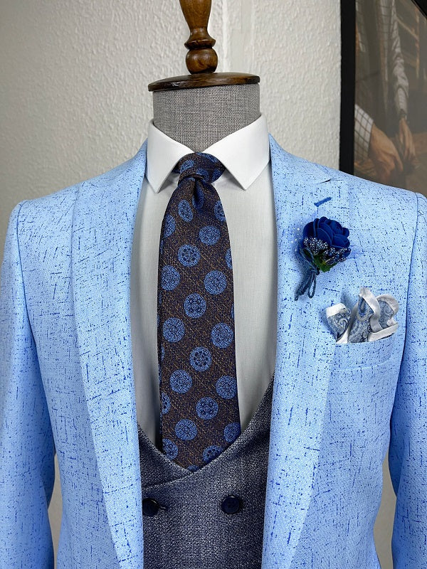 Bojoni Daroni Blue Slim Fit Patterned Linen Suit 