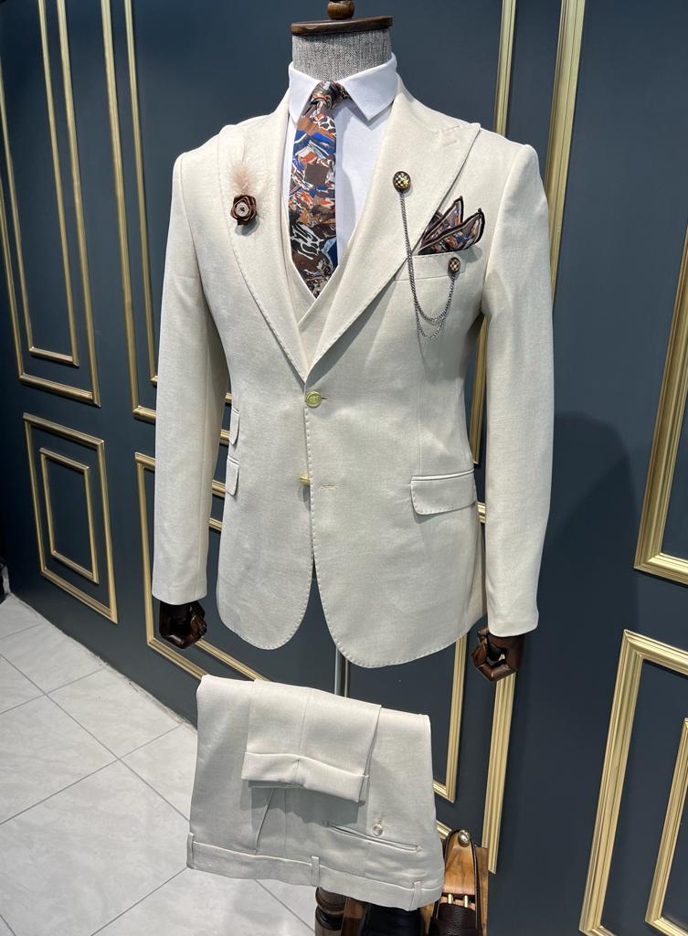 Bojoni Danielle Beige Slim Fit Peak Lapel Suit