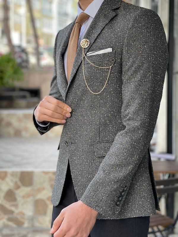 Bojo Gray Slim Fit Peak Lapel Patterned Wool Blazer-baagr.myshopify.com-blazers-BOJONI